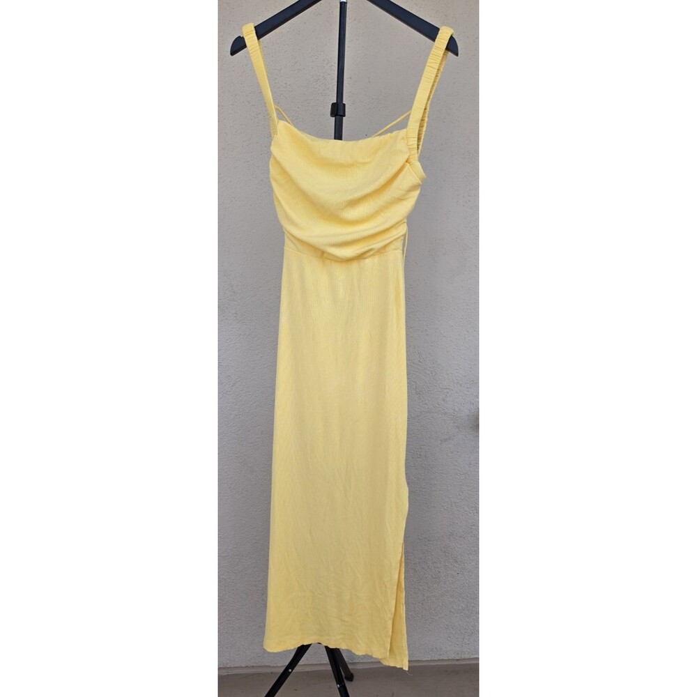 Selfie Leslie Yellow Maxi Dress S M Cowl Neck Lace Up Back Cutout Slit Y2K